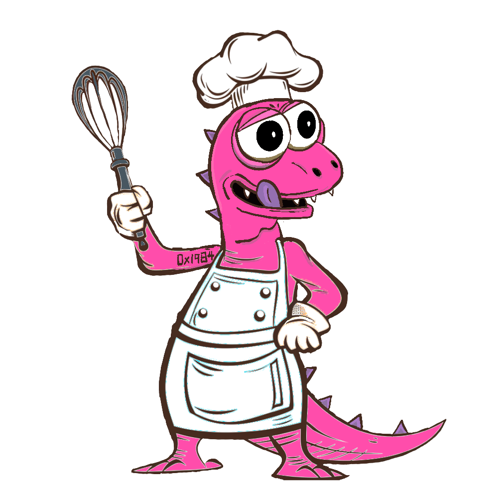 drawing of pink Spike holding cooking utensils wearing a chef outfit