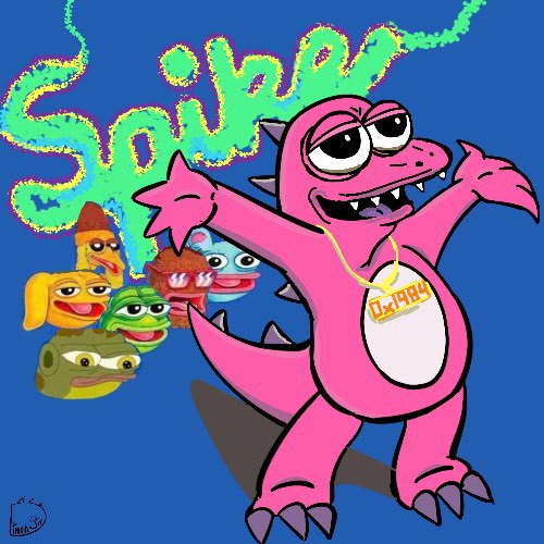 pink Spike drawing of Spike standing with his arms up with Matt Furie's other meme drawings behind him