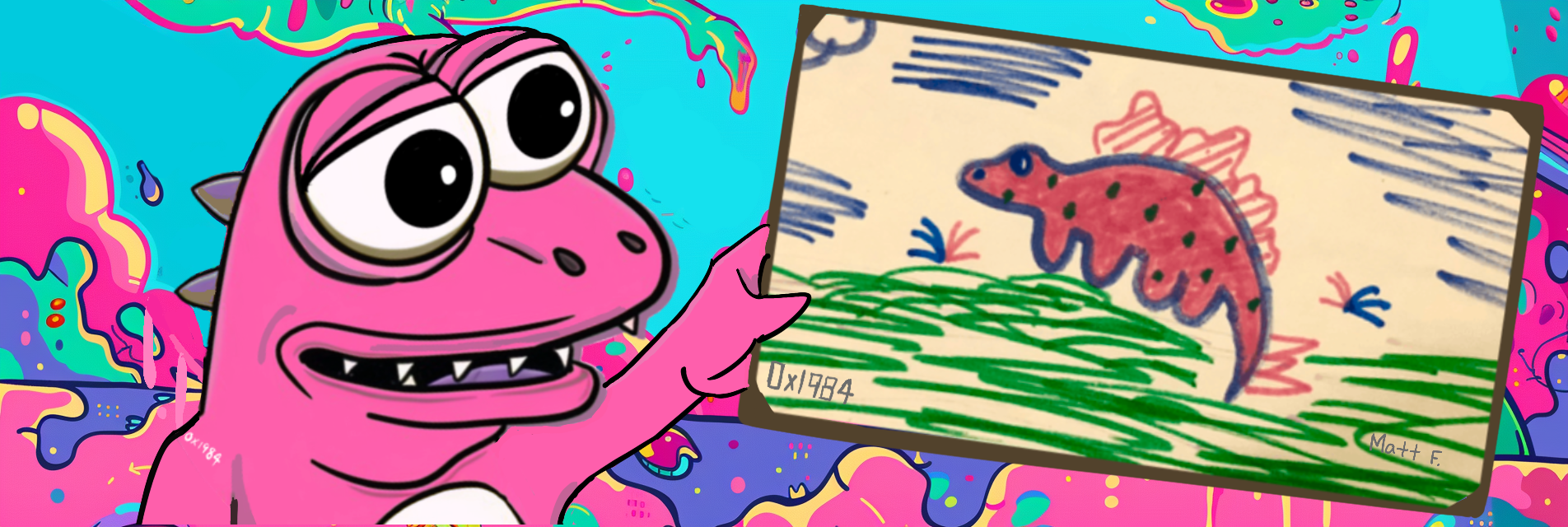 a digital rendering of Spike holding up the original drawing created by Matt Furie